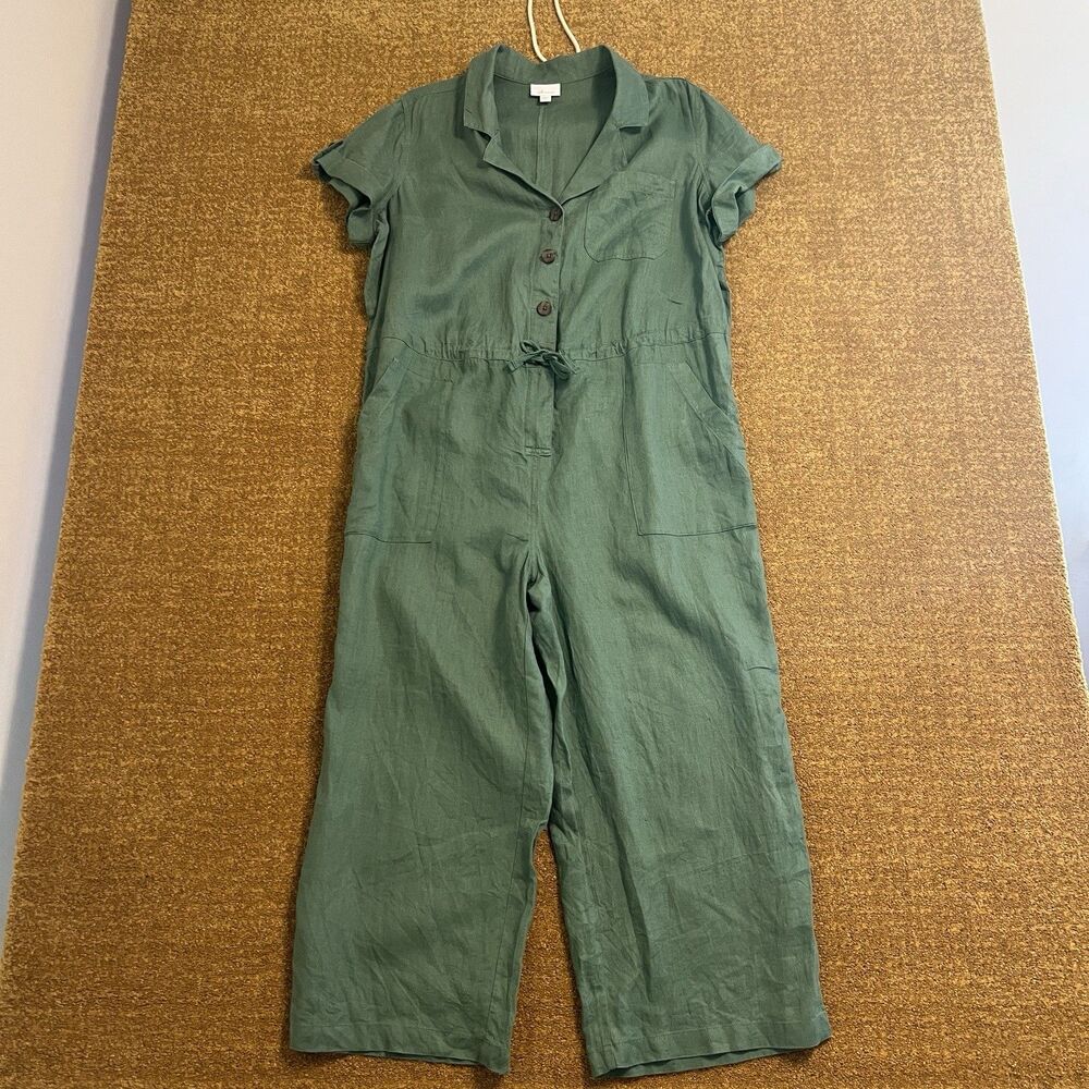 J. JILL LOVE LINEN Cropped Utility Jumpsuit Size XL Green Wide Leg Tie-Waist